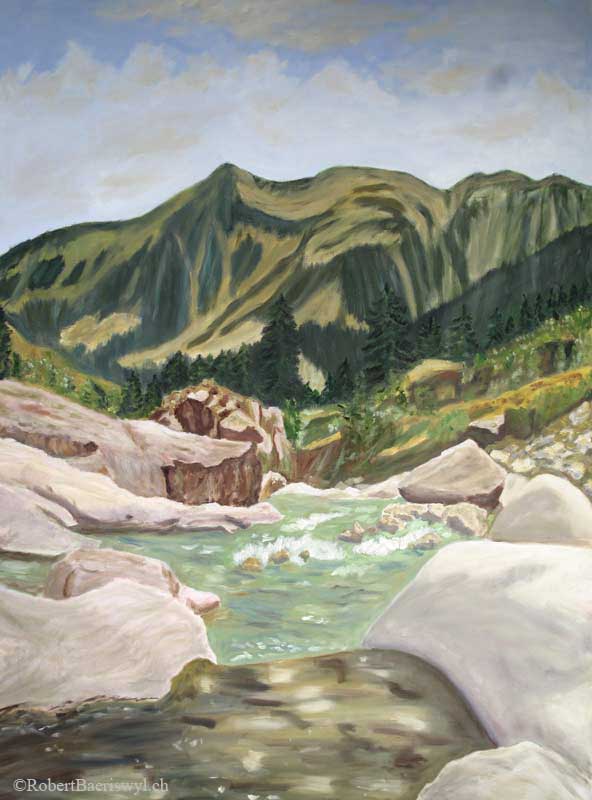 peinture de la vallée du Splügen dans les Grisons